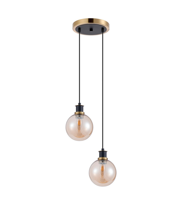 Placid 20cm 2 Light Pendant E14 15cm Round Glass Shades Brass Amber Plated & Satin Black-4