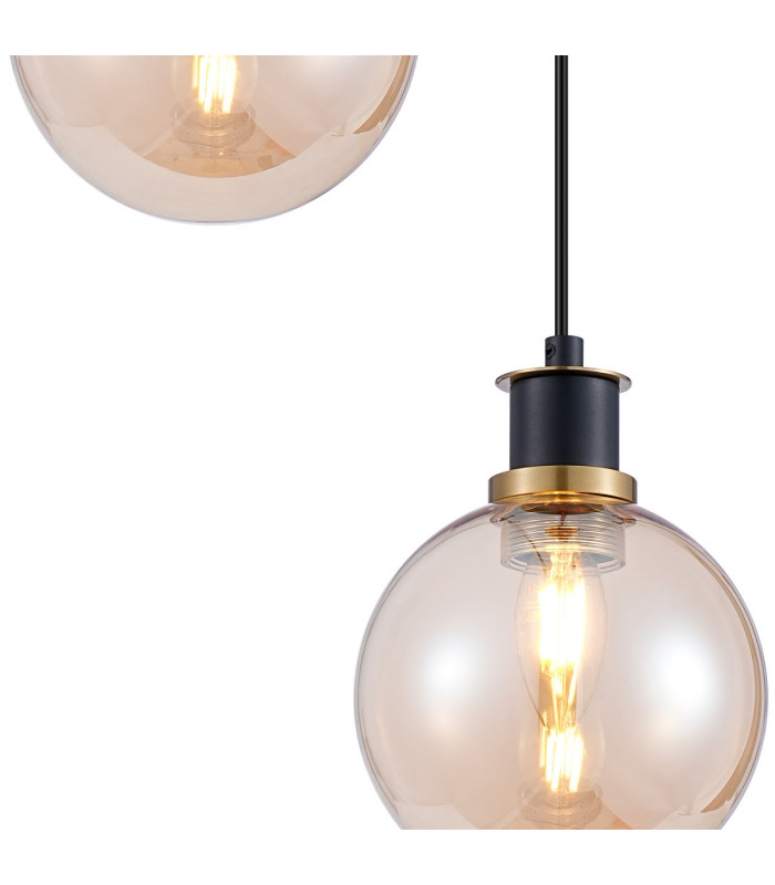 Placid 20cm 2 Light Pendant E14 15cm Round Glass Shades Brass Amber Plated & Satin Black-6