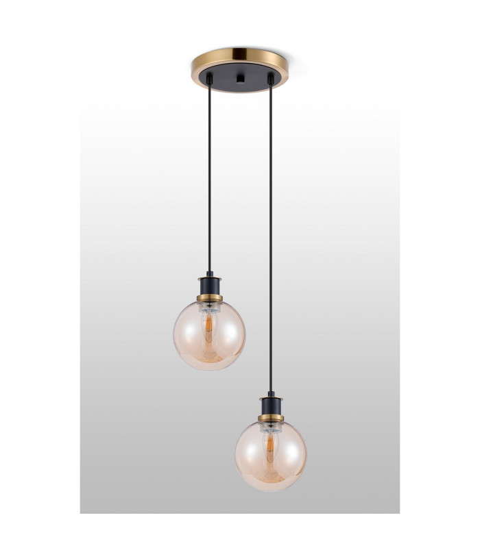Placid 20cm 2 Light Pendant E14 15cm Round Glass Shades Brass Amber Plated & Satin Black-7