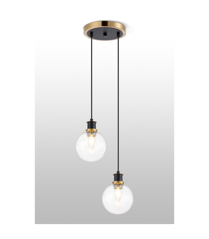 Placid 20cm 2 Light Pendant E14 15cm Round Glass Shades Brass Clear & Satin Black-3