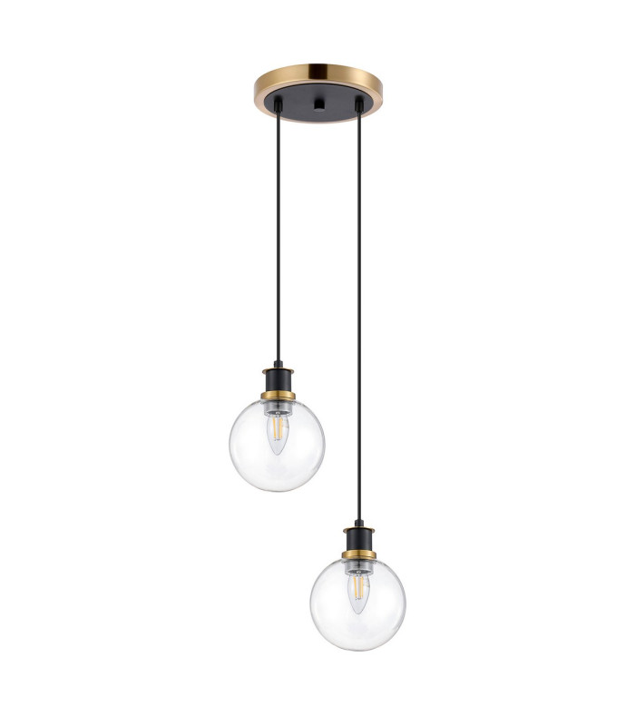 Placid 20cm 2 Light Pendant E14 15cm Round Glass Shades Brass Clear & Satin Black-4
