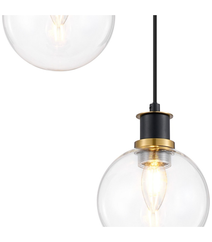 Placid 20cm 2 Light Pendant E14 15cm Round Glass Shades Brass Clear & Satin Black-6