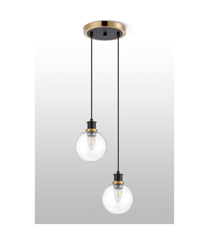Placid 20cm 2 Light Pendant E14 15cm Round Glass Shades Brass Clear & Satin Black-7