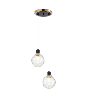 Placid 20cm 2 Light Pendant E14 15cm Round Crackled Glass Shades Brass Clear & Satin Black-1