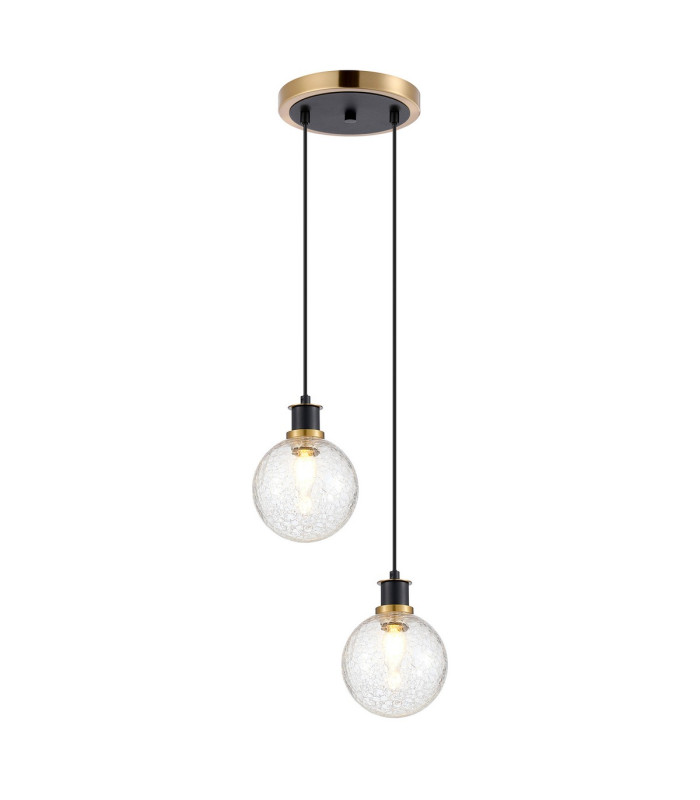 Placid 20cm 2 Light Pendant E14 15cm Round Crackled Glass Shades Brass Clear & Satin Black-1