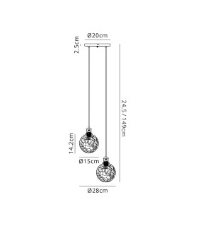 Placid 20cm 2 Light Pendant E14 15cm Round Crackled Glass Shades Brass Clear & Satin Black-2