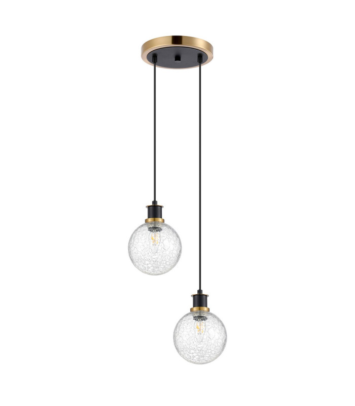 Placid 20cm 2 Light Pendant E14 15cm Round Crackled Glass Shades Brass Clear & Satin Black-4