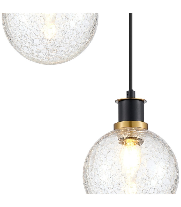 Placid 20cm 2 Light Pendant E14 15cm Round Crackled Glass Shades Brass Clear & Satin Black-6