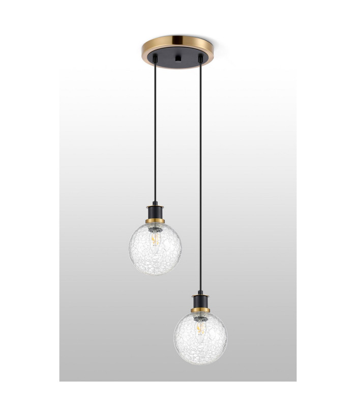 Placid 20cm 2 Light Pendant E14 15cm Round Crackled Glass Shades Brass Clear & Satin Black-7