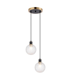Placid 20cm 2 Light Pendant E14 15cm Round Textured Crumple Glass Shades Brass Clear & Satin Black-1