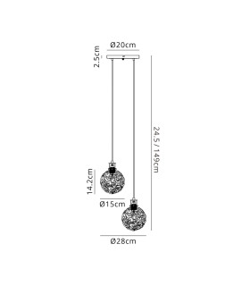 Placid 20cm 2 Light Pendant E14 15cm Round Textured Crumple Glass Shades Brass Clear & Satin Black-2