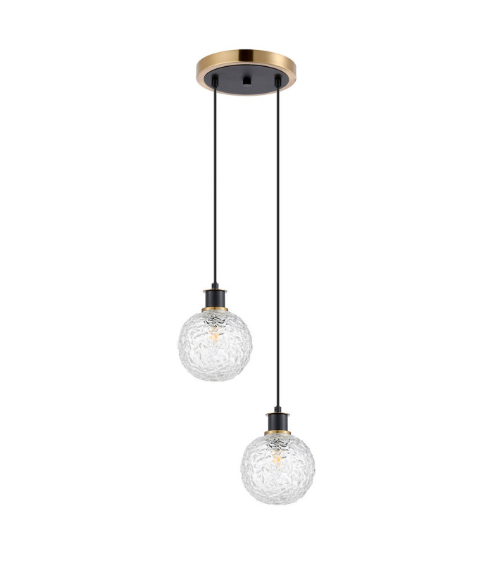 Placid 20cm 2 Light Pendant E14 15cm Round Textured Crumple Glass Shades Brass Clear & Satin Black-4
