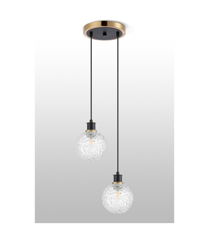 Placid 20cm 2 Light Pendant E14 15cm Round Textured Crumple Glass Shades Brass Clear & Satin Black-7