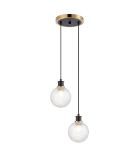 Placid 20cm 2 Light Pendant E14 15cm Round Textured Diamond Pattern Glass Shades Brass Clear & Satin Black-1
