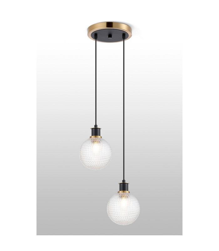Placid 20cm 2 Light Pendant E14 15cm Round Textured Diamond Pattern Glass Shades Brass Clear & Satin Black-3