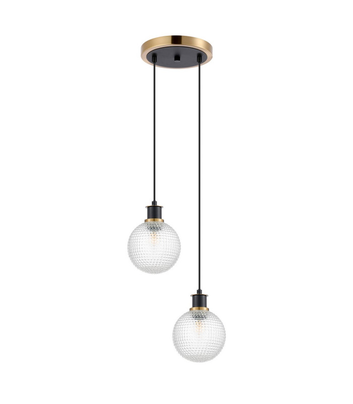 Placid 20cm 2 Light Pendant E14 15cm Round Textured Diamond Pattern Glass Shades Brass Clear & Satin Black-4