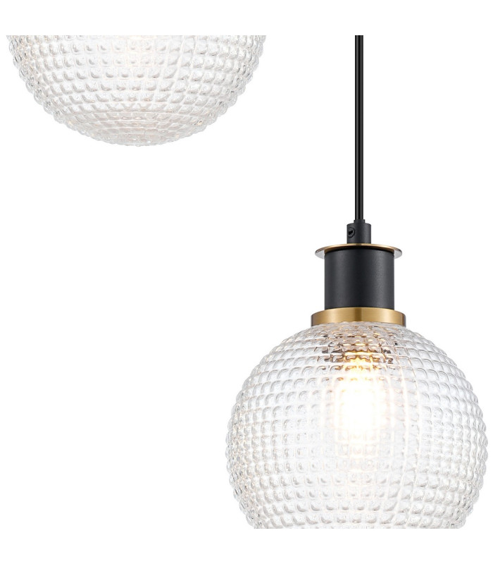 Placid 20cm 2 Light Pendant E14 15cm Round Textured Diamond Pattern Glass Shades Brass Clear & Satin Black-6