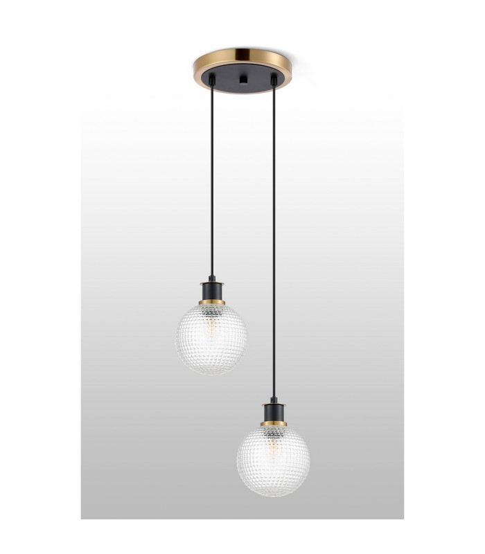 Placid 20cm 2 Light Pendant E14 15cm Round Textured Diamond Pattern Glass Shades Brass Clear & Satin Black-7