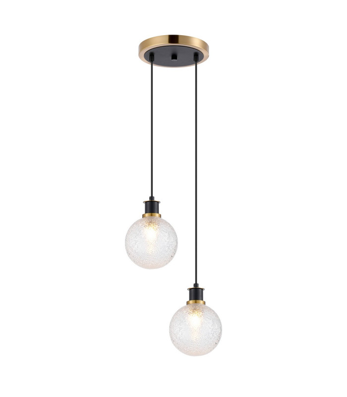 Placid 20cm 2 Light Pendant E14 15cm Round Dimpled Glass Shades Brass Clear & Satin Black-1