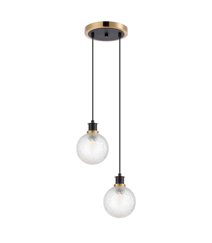 Placid 20cm 2 Light Pendant E14 15cm Round Dimpled Glass Shades Brass Clear & Satin Black-4