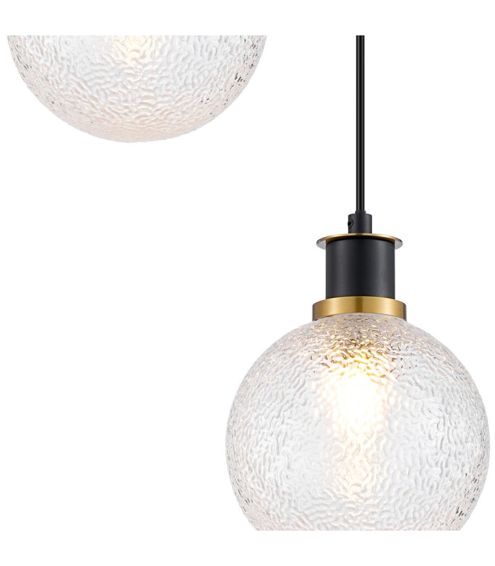 Placid 20cm 2 Light Pendant E14 15cm Round Dimpled Glass Shades Brass Clear & Satin Black-6