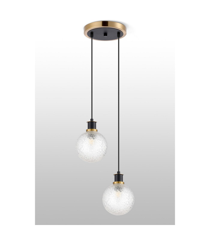 Placid 20cm 2 Light Pendant E14 15cm Round Dimpled Glass Shades Brass Clear & Satin Black-7