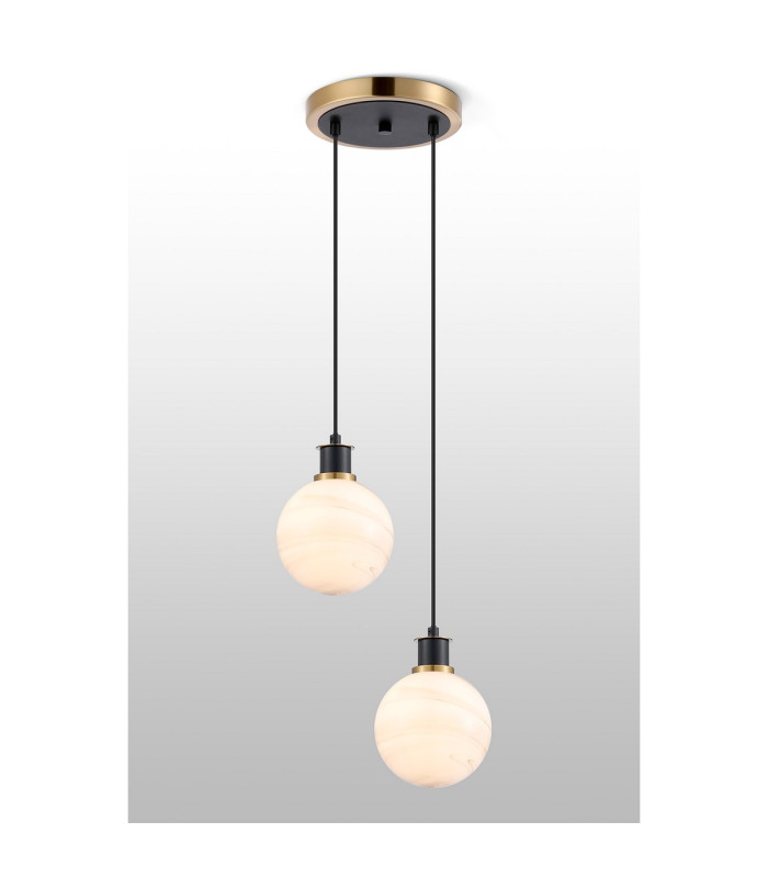 Placid 20cm 2 Light Pendant E14 15cm Round White & Grey Marble Effect Glass Shades Brass & Satin Black Framework-3