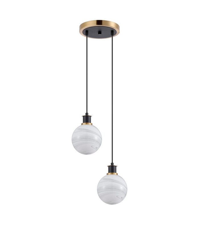 Placid 20cm 2 Light Pendant E14 15cm Round White & Grey Marble Effect Glass Shades Brass & Satin Black Framework-4