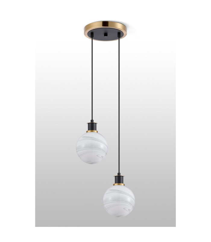 Placid 20cm 2 Light Pendant E14 15cm Round White & Grey Marble Effect Glass Shades Brass & Satin Black Framework-7