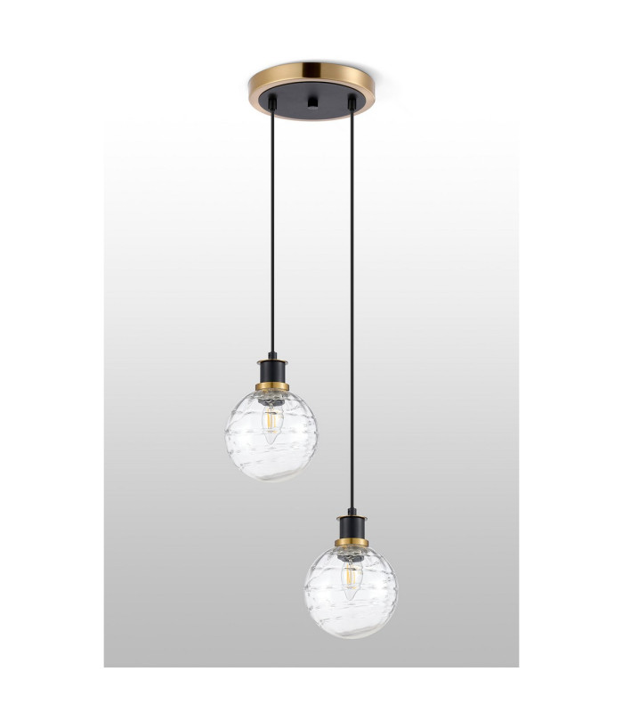 Placid 20cm 2 Light Pendant E14 15cm Round Textured Melting Glass Shades Brass Clear & Satin Black-7