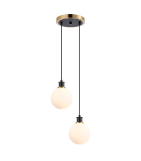 Placid 20cm 2 Light Pendant E14 15cm Round Glass Shades Brass Opal & Satin Black-1