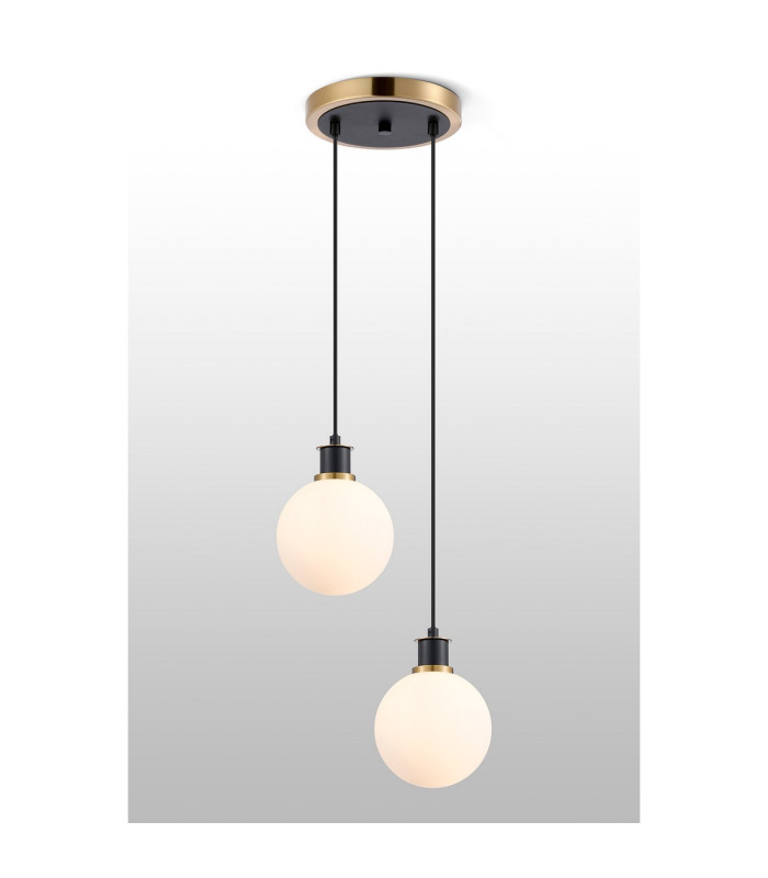 Placid 20cm 2 Light Pendant E14 15cm Round Glass Shades Brass Opal & Satin Black-3