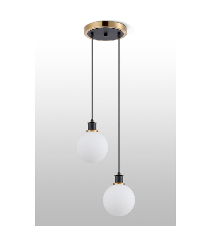 Placid 20cm 2 Light Pendant E14 15cm Round Glass Shades Brass Opal & Satin Black-7