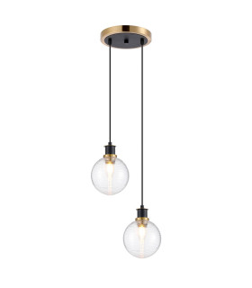 Placid 20cm 2 Light Pendant E14 15cm Round Ribbed Glass Shades Brass Clear & Satin Black-1