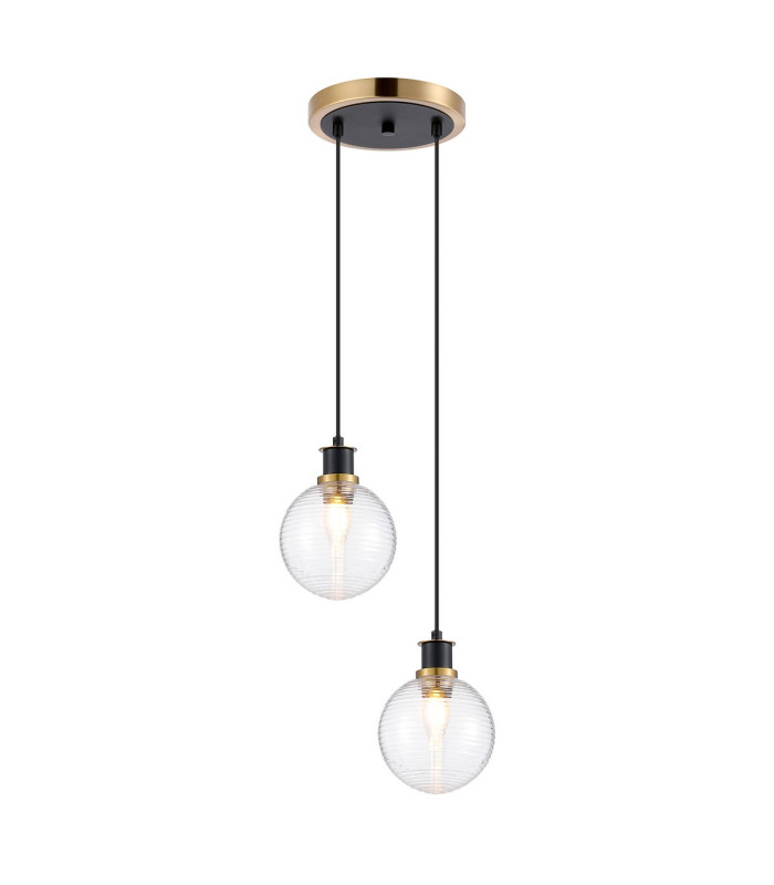 Placid 20cm 2 Light Pendant E14 15cm Round Ribbed Glass Shades Brass Clear & Satin Black-1