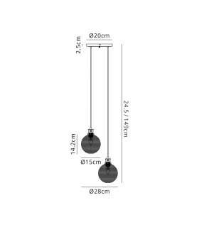 Placid 20cm 2 Light Pendant E14 15cm Round Ribbed Glass Shades Brass Clear & Satin Black-2