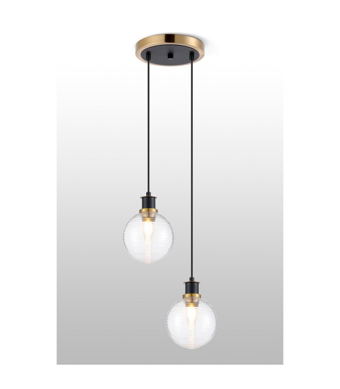 Placid 20cm 2 Light Pendant E14 15cm Round Ribbed Glass Shades Brass Clear & Satin Black-3