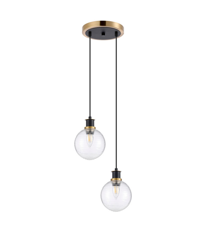 Placid 20cm 2 Light Pendant E14 15cm Round Ribbed Glass Shades Brass Clear & Satin Black-4