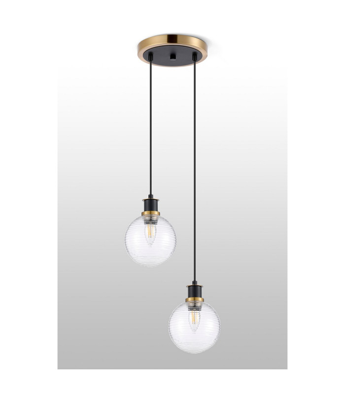 Placid 20cm 2 Light Pendant E14 15cm Round Ribbed Glass Shades Brass Clear & Satin Black-7