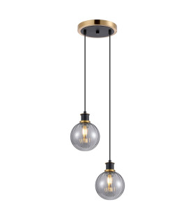 Placid 20cm 2 Light Pendant E14 15cm Round Segment Glass Shades Brass Smoke Plated & Satin Black-1