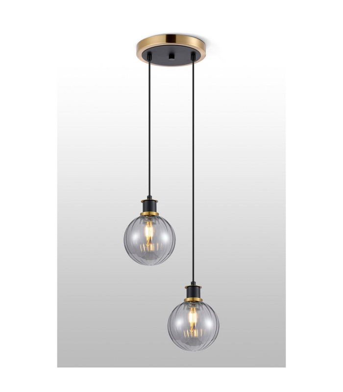 Placid 20cm 2 Light Pendant E14 15cm Round Segment Glass Shades Brass Smoke Plated & Satin Black-3