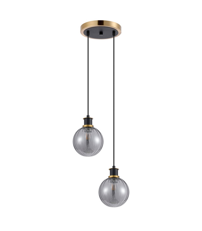 Placid 20cm 2 Light Pendant E14 15cm Round Segment Glass Shades Brass Smoke Plated & Satin Black-4