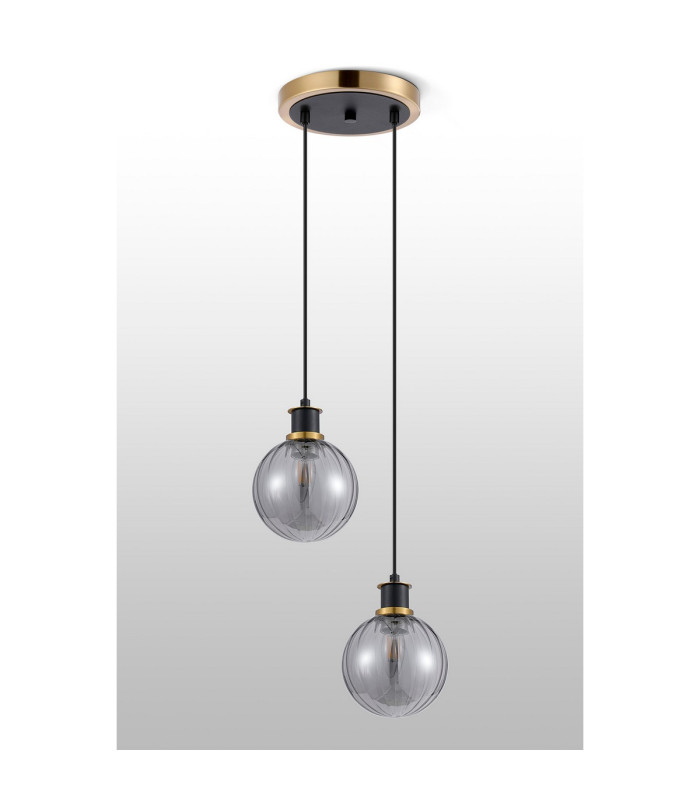 Placid 20cm 2 Light Pendant E14 15cm Round Segment Glass Shades Brass Smoke Plated & Satin Black-7