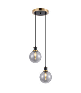 Placid 20cm 2 Light Pendant E14 15cm Round Glass Shades Brass Smoke Plated & Satin Black-1