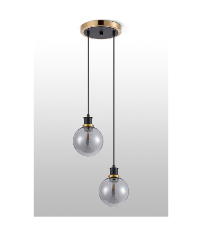 Placid 20cm 2 Light Pendant E14 15cm Round Glass Shades Brass Smoke Plated & Satin Black-7