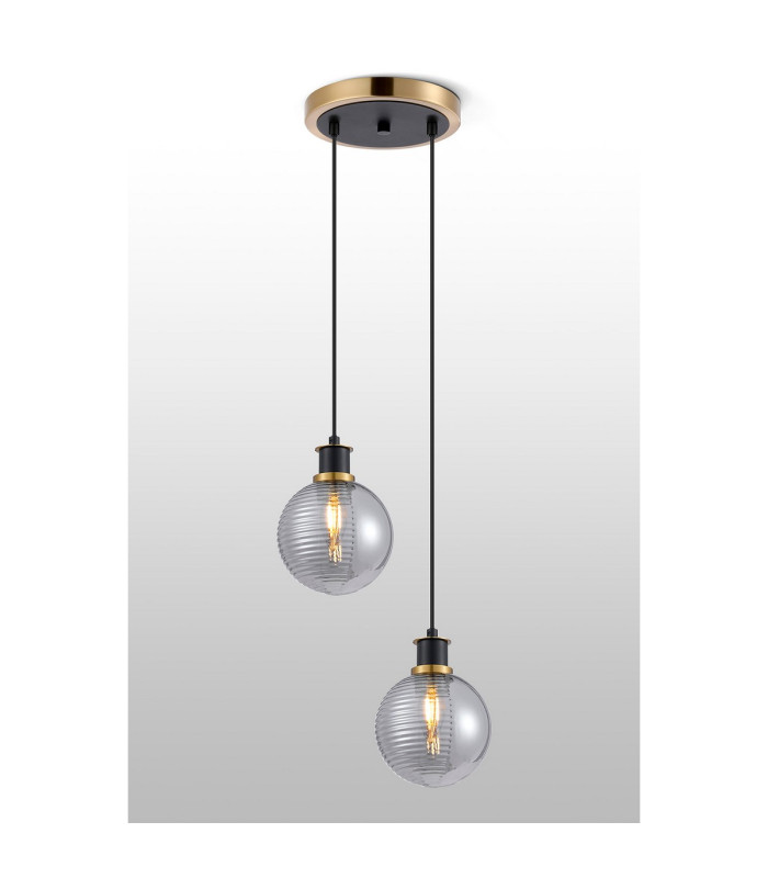 Placid 20cm 2 Light Pendant E14 15cm Round Double Textured Smooth / Ribbed Glass Shades Brass Smoke Plated & Satin Black-3