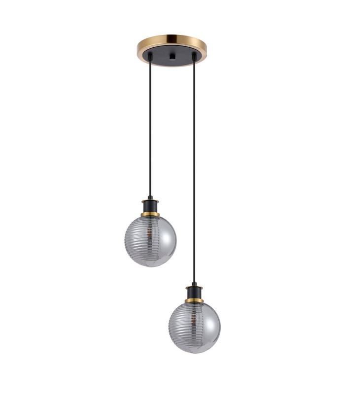 Placid 20cm 2 Light Pendant E14 15cm Round Double Textured Smooth / Ribbed Glass Shades Brass Smoke Plated & Satin Black-4