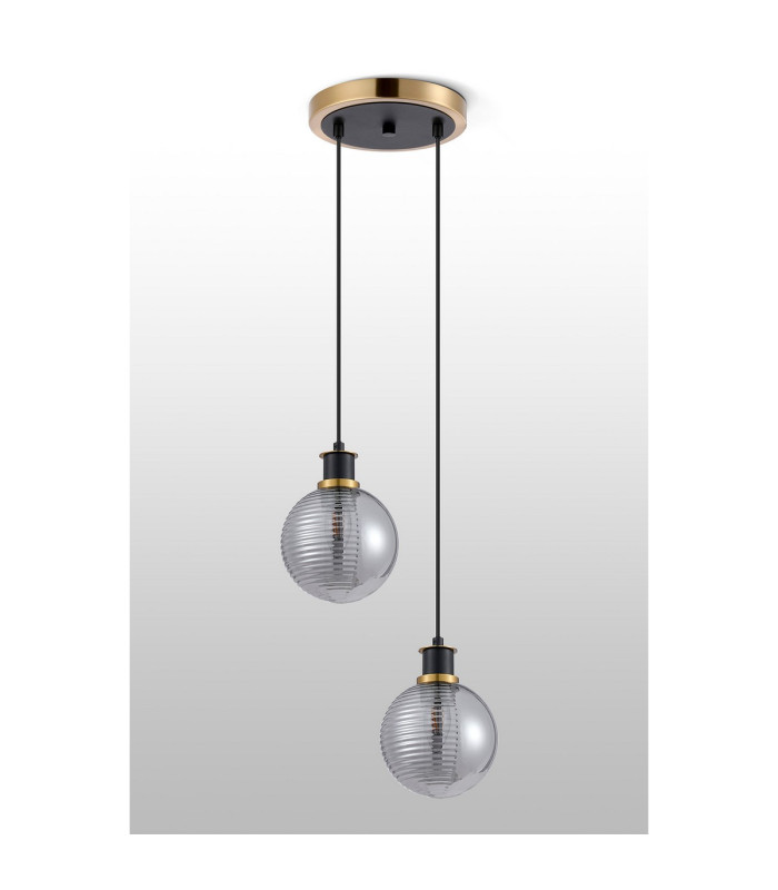 Placid 20cm 2 Light Pendant E14 15cm Round Double Textured Smooth / Ribbed Glass Shades Brass Smoke Plated & Satin Black-7