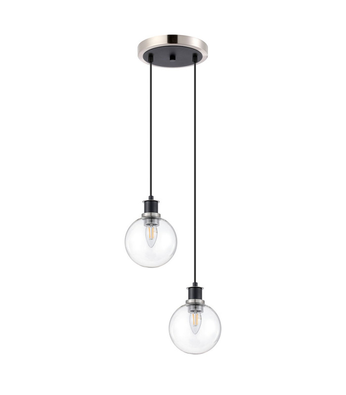 Placid 20cm 2 Light Pendant E14 15cm Round Glass Shades Satin Nickel Clear & Satin Black-4