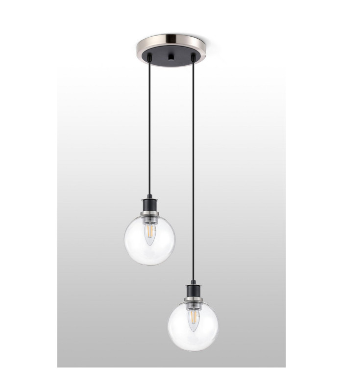Placid 20cm 2 Light Pendant E14 15cm Round Glass Shades Satin Nickel Clear & Satin Black-7